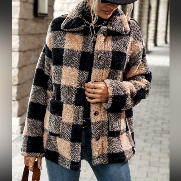 Cozy Buffalo Plaid Pattern Pocket Flannel Teddy Jacket Coat - Picture 9 of 11